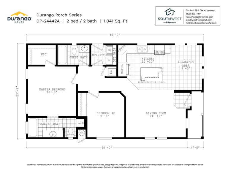 Cavco Durango Porch Series, Model DP-24442A, 1041 sqft