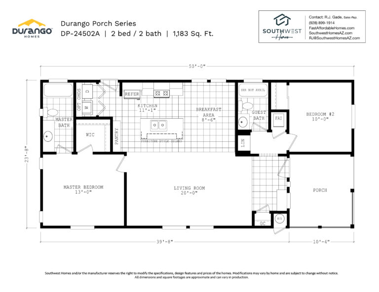 Cavco Durango Porch Series, Model DP-24502A, 1183 sqft