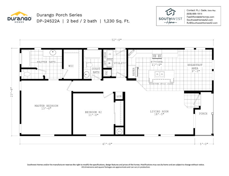 Cavco Durango Porch Series, Model DP-24522A, 1230 sqft