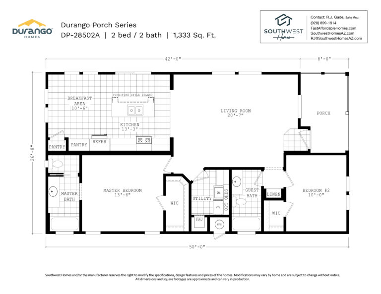 Cavco Durango Porch Series, Model DP-28502A, 1333 sqft