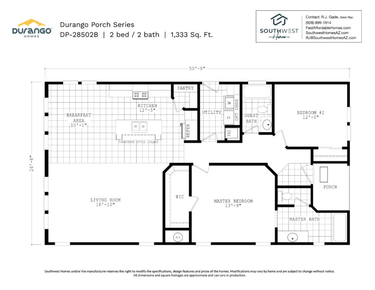 Cavco Durango Porch Series, Model DP-28502B, 1333 sqft