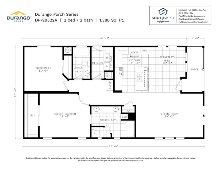 Cavco Durango Porch Series, Model DP-28522A, 1386 sqft