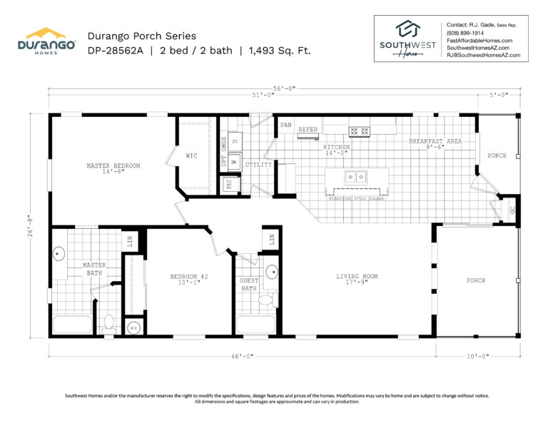 Cavco Durango Porch Series, Model DP-28562A, 1493 sqft