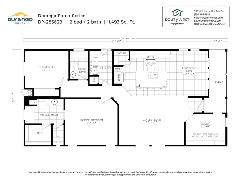 Cavco Durango Porch Series, Model DP-28562B, 1493 sqft