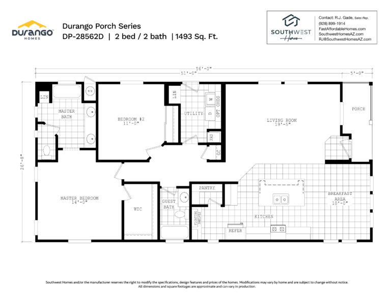 Cavco Durango Porch Series, Model DP-28562D, 1493 sqft