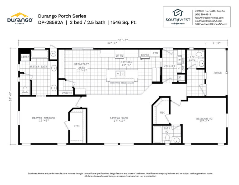 Cavco Durango Porch Series, Model DP-28582A, 1546 sqft