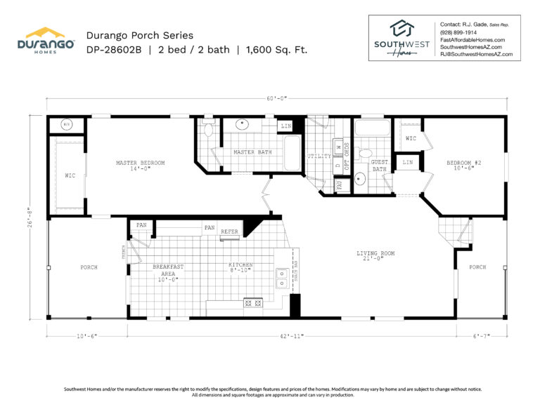 Cavco Durango Porch Series, Model DP-28602B, 1600 sqft