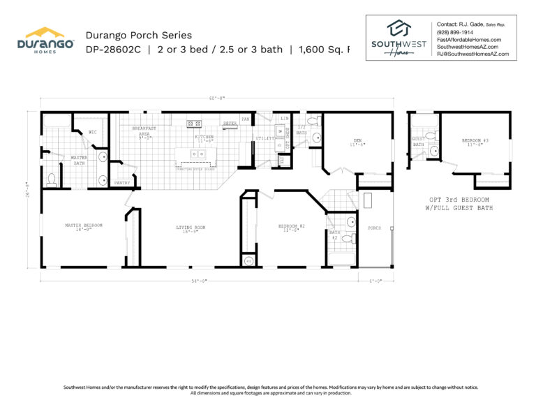 Cavco Durango Porch Series, Model DP-28602C, 1600 sqft