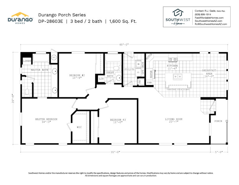 Cavco Durango Porch Series, Model DP-28603E, 1600 sqft