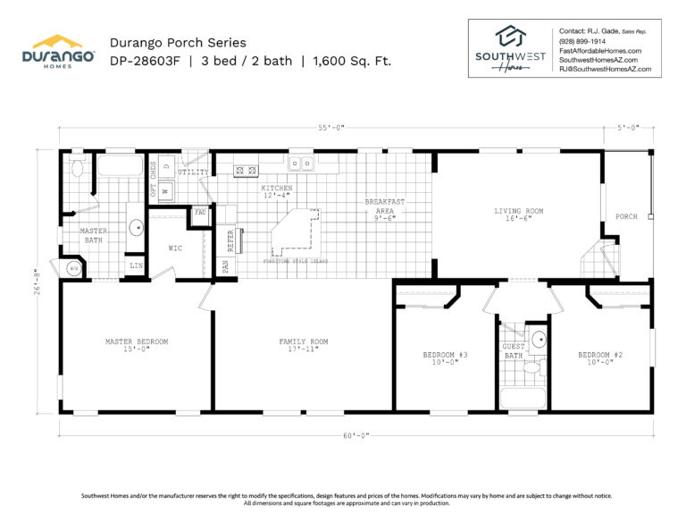 Cavco Durango Porch Series, Model DP-28603F, 1600 sqft