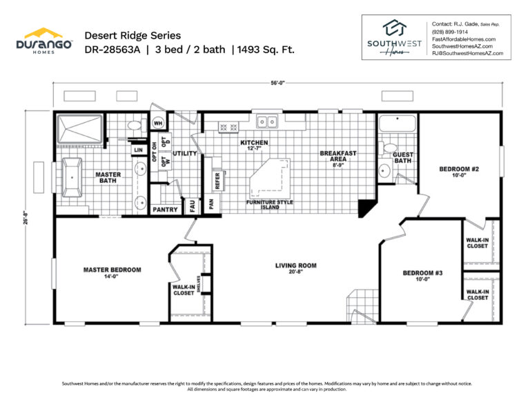 Cavco Desert Ridge Series, Model DR-28563A, 1493 sqft