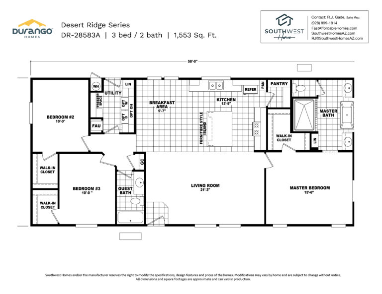 Cavco Desert Ridge Series, Model DR-28583A, 1553 sqft