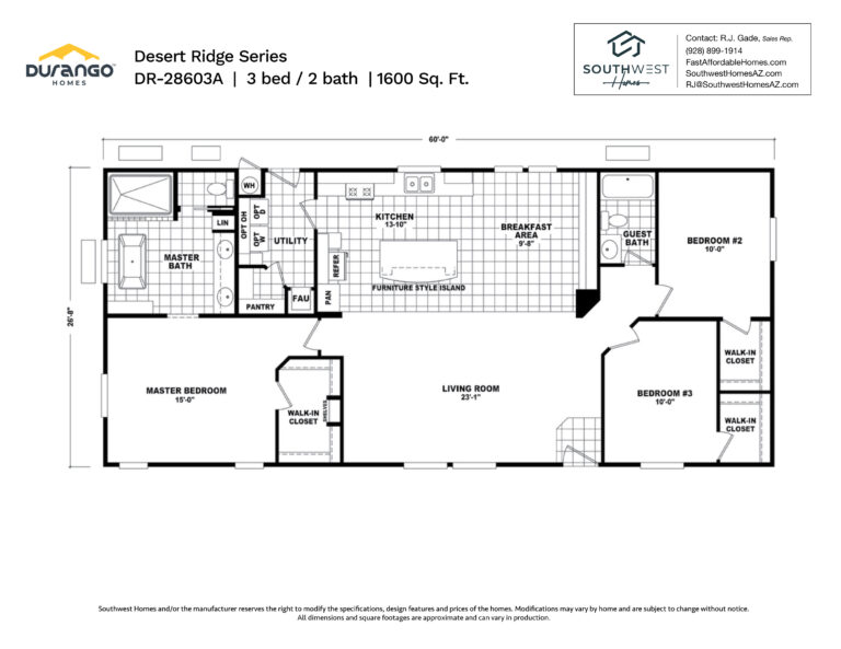 Cavco Desert Ridge Series, Model DR-28603A, 1600 sqft