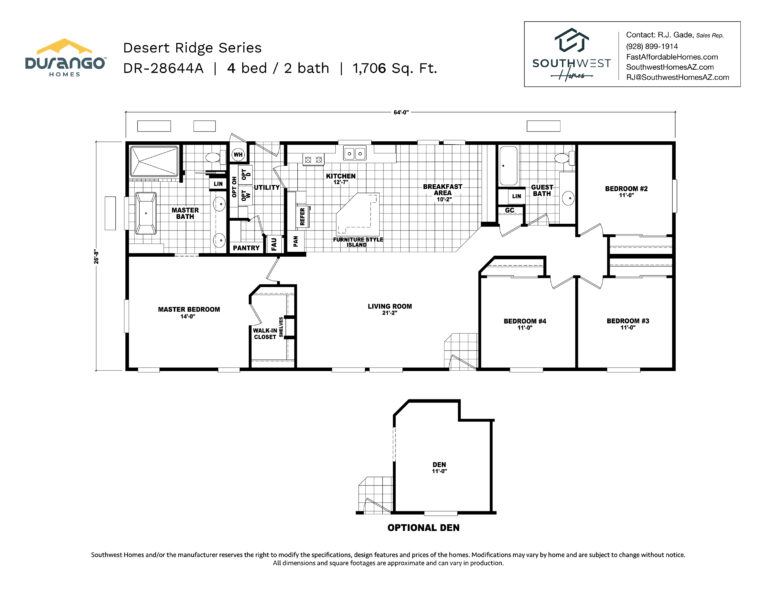 Cavco Desert Ridge Series, Model DR-28644A, 1706 sqft