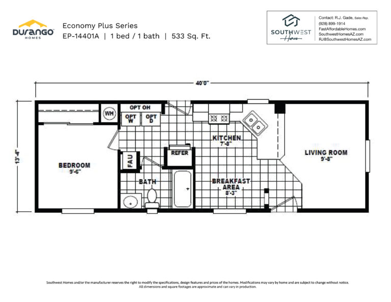 Cavco Economy Plus Series, Model EP-14401A, 533 sqft