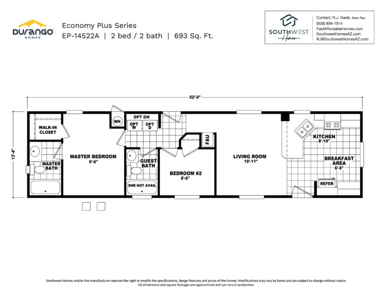 Cavco Economy Plus Series, Model EP-14522A, 693 sqft