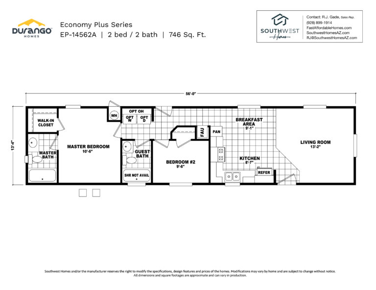 Cavco Economy Plus Series, Model EP-14562A, 746 sqft