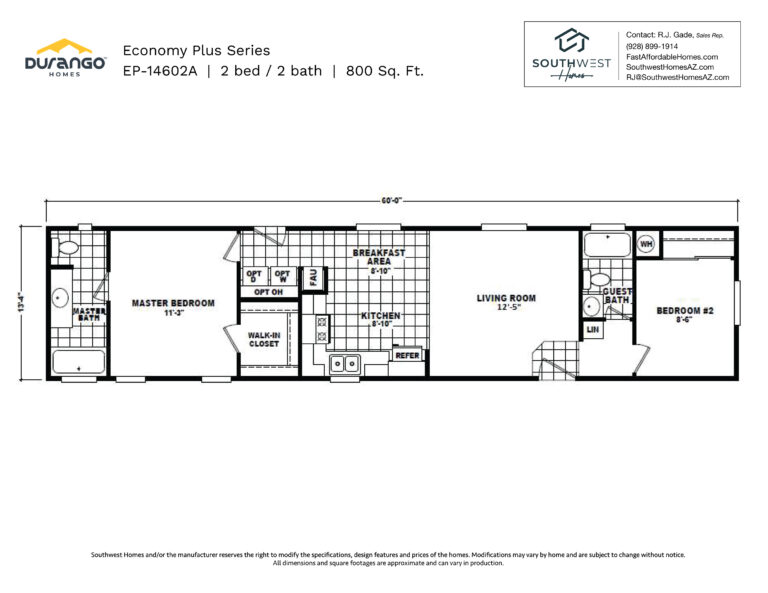 Cavco Economy Plus Series, Model EP-14602A, 800 sqft