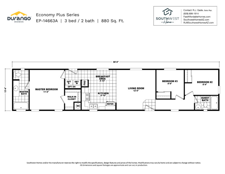 Cavco Economy Plus Series, Model EP-14663A, 880 sqft