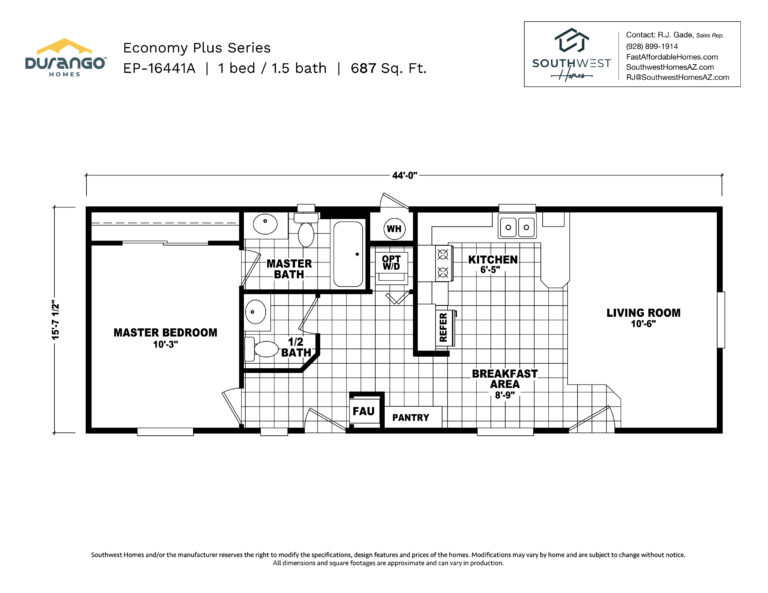 Cavco Economy Plus Series, Model EP-16441A, 687 sqft