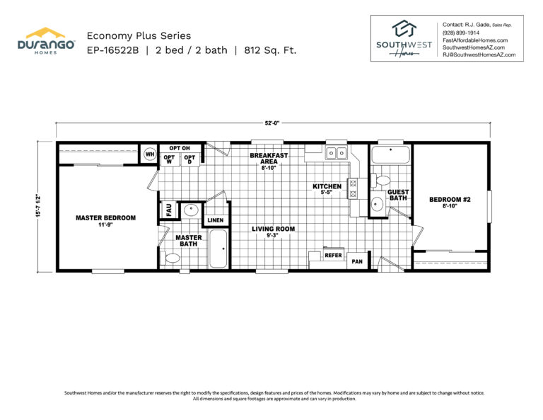 Cavco Economy Plus Series, Model EP-16522B, 812 sqft