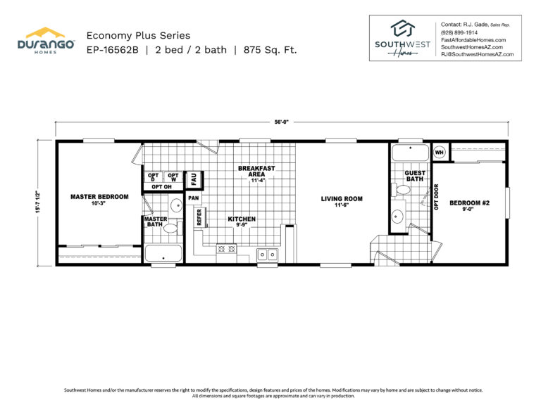 Cavco Economy Plus Series, Model EP-16562B, 875 sqft