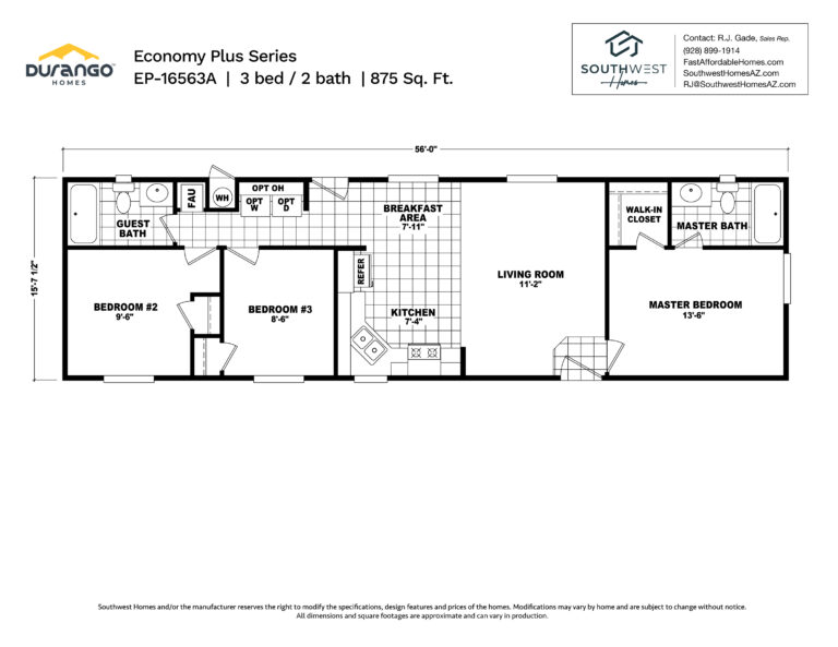 Cavco Economy Plus Series, Model EP-16563A, 875 sqft