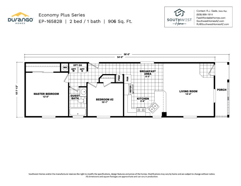 Cavco Economy Plus Series, Model EP-16582B, 906 sqft