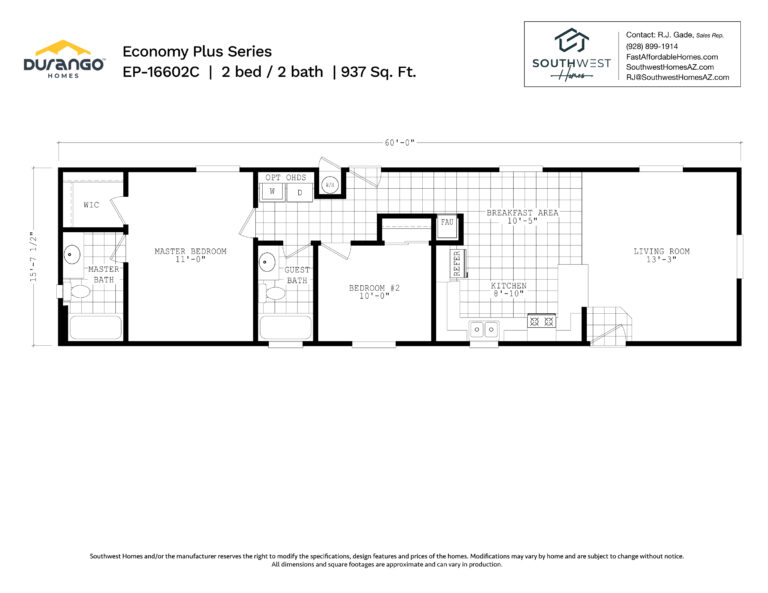 Cavco Economy Plus Series, Model EP-16602C, 937 sqft