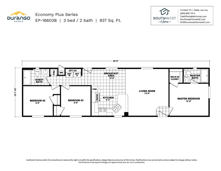 Cavco Economy Plus Series, Model EP-16603B, 937 sqft