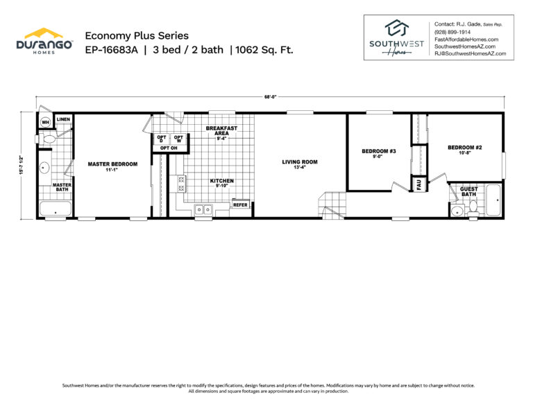 Cavco Economy Plus Series, Model EP-16683A, 1062 sqft