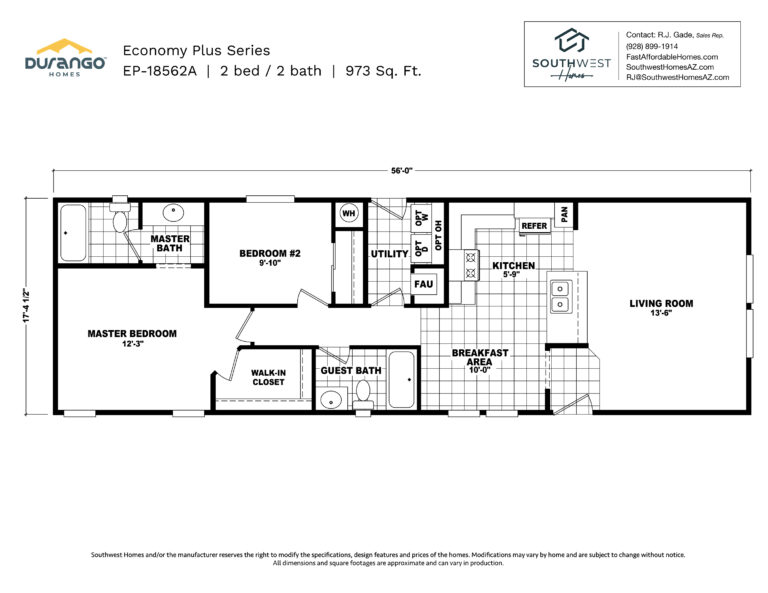 Cavco Economy Plus Series, Model EP-18562A, 973 sqft