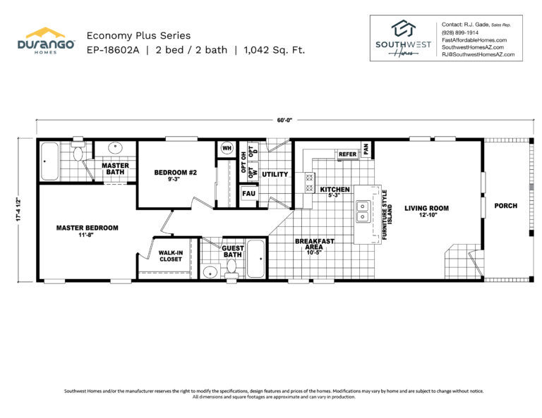 Cavco Economy Plus Series, Model EP-18602A, 1042 sqft