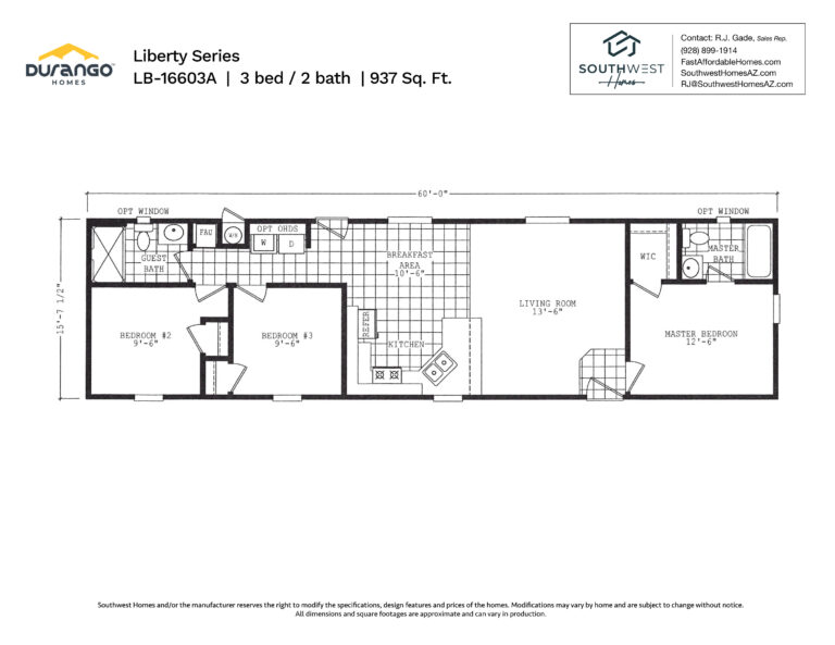 Cavco Liberty Series, Model LB-16603A, 937 sqft