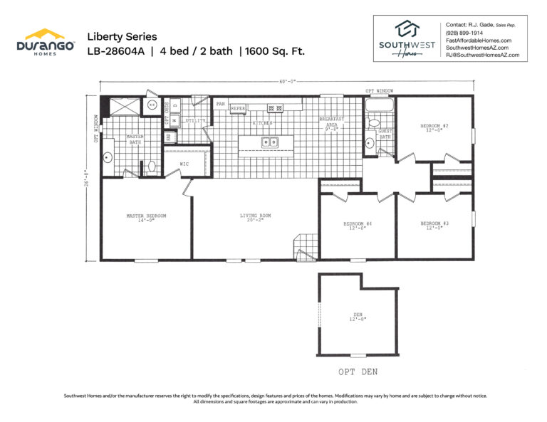 Cavco Liberty Series, Model LB-28604A, 1600 sqft