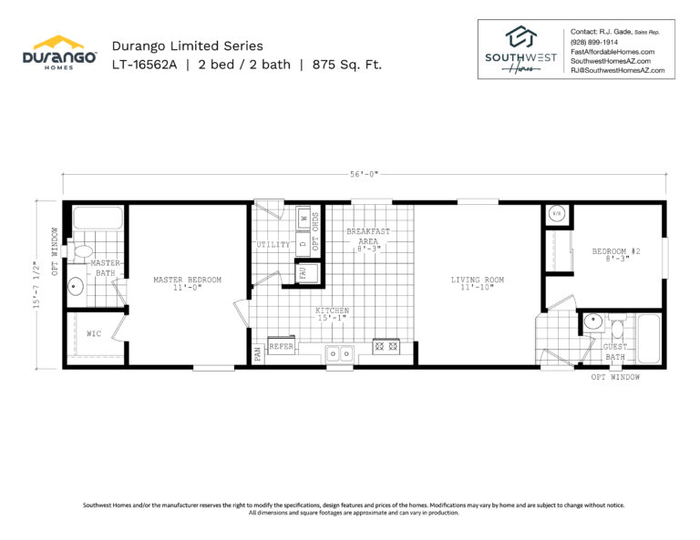 Cavco Durango Limited Series, Model LT-16562A, 875 sqft