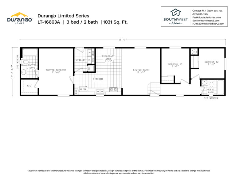 Cavco Durango Limited Series, Model LT-16663A, 1031 sqft