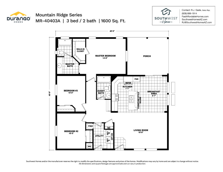 Cavco Mountain Ridge Series, Model MR-40403A, 1600 sqft